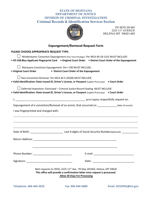 Expungement/Removal Request Form - Montana