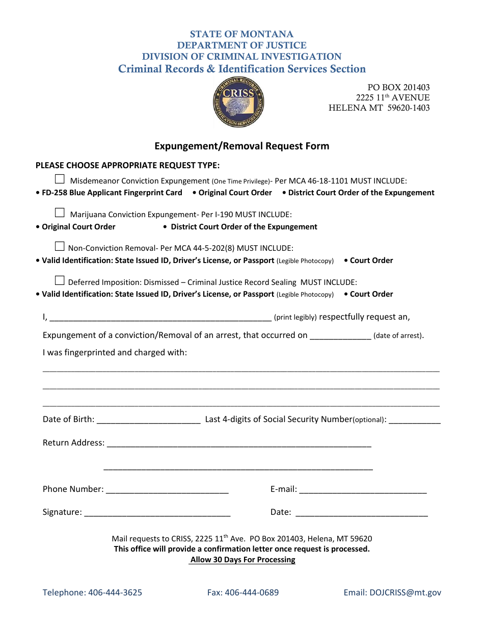Expungement / Removal Request Form - Montana, Page 1