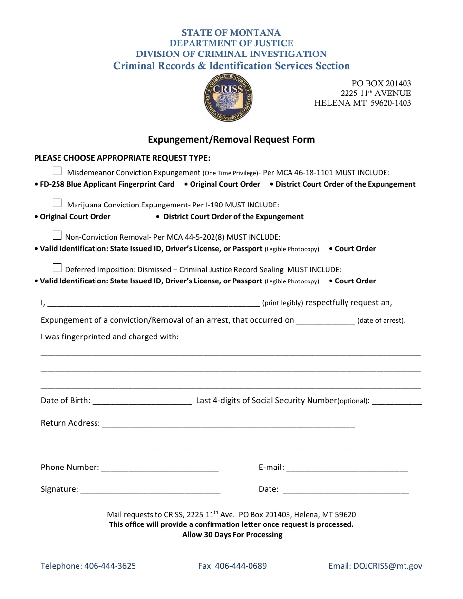 Montana Expungement/Removal Request Form - Fill Out, Sign Online and ...