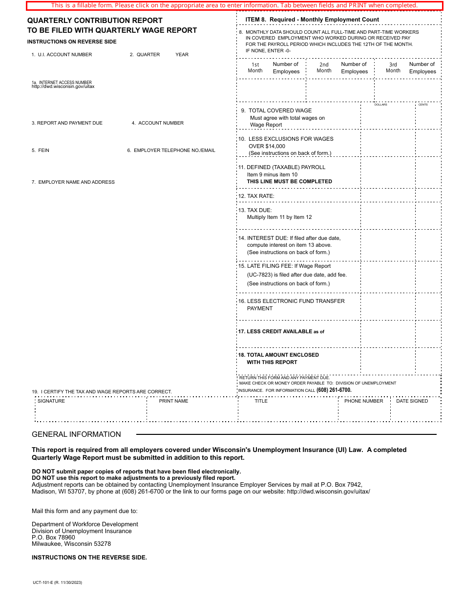Form UCT-101-E Quarterly Contribution Report - Wisconsin, Page 1