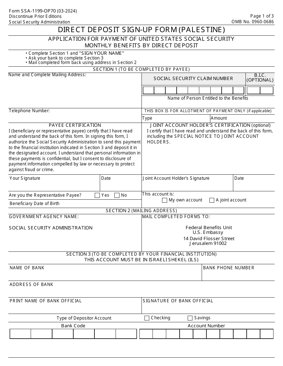 Form SSA-1199-OP70 Direct Deposit Sign-Up Form (Palestine), Page 1
