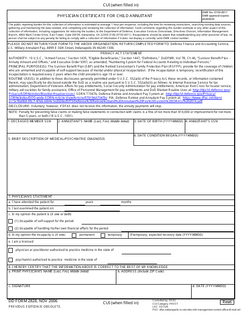 DD Form 2828 Physician Certificate for Child Annuitant
