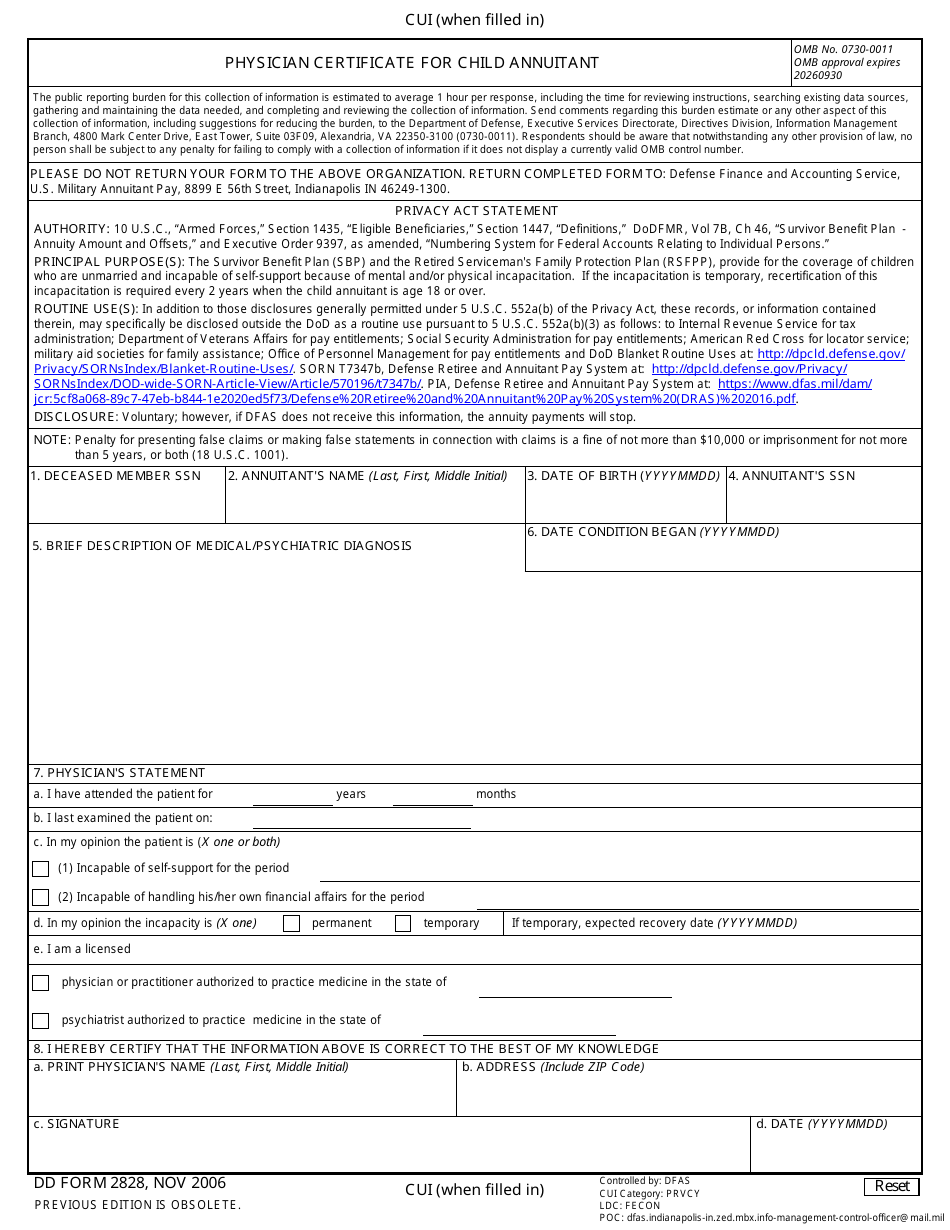 DD Form 2828 Physician Certificate for Child Annuitant, Page 1