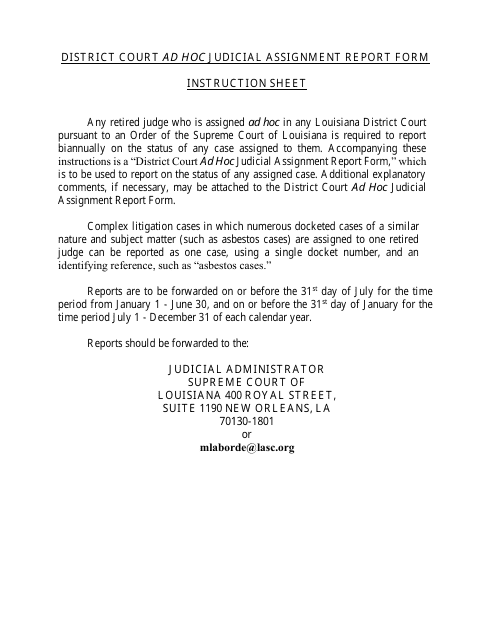 District Court Ad Hoc Judicial Assignment Report Form - Louisiana