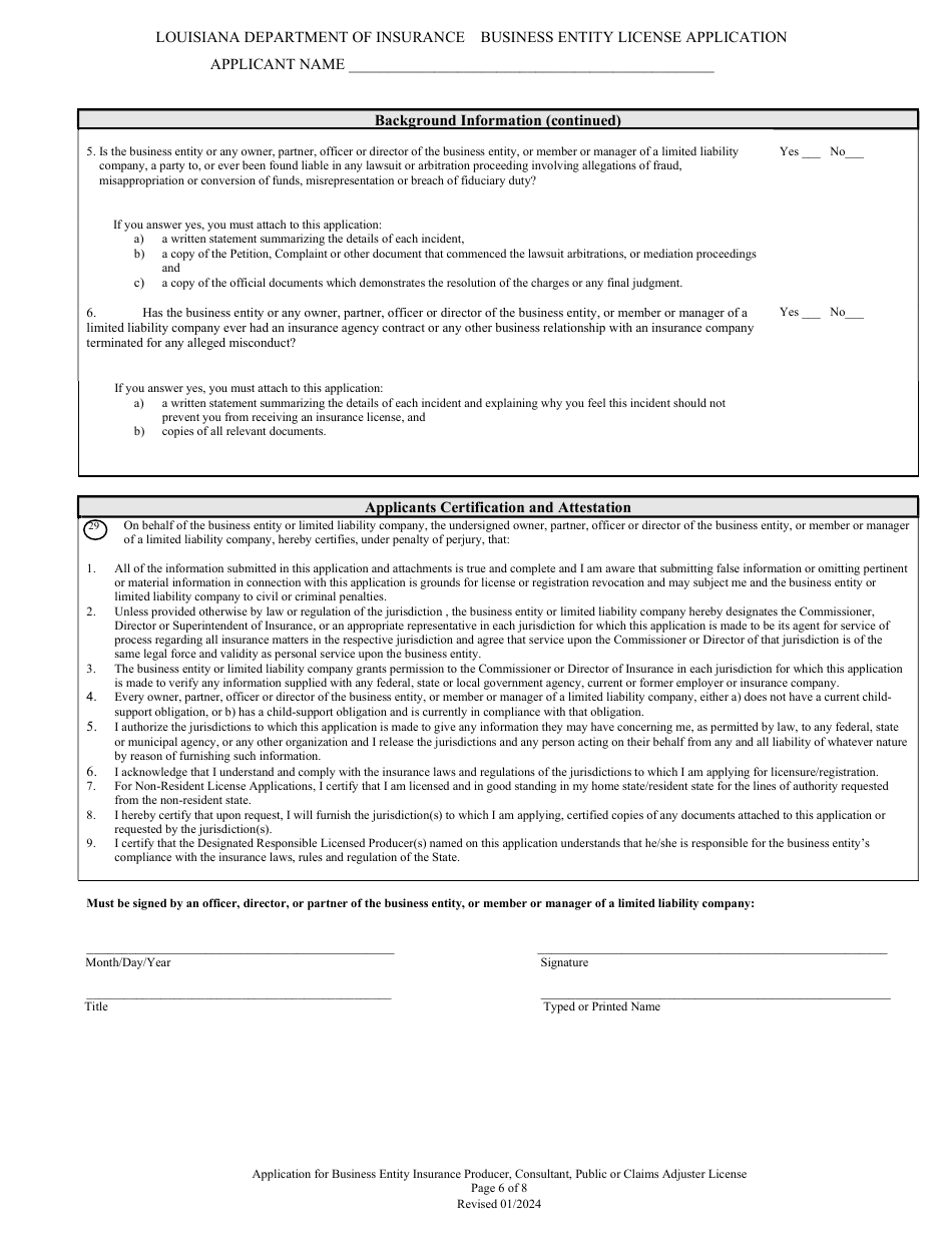 Application for Business Entity Insurance Producer, Consultant, Public or Claims Adjuster License - Louisiana, Page 6