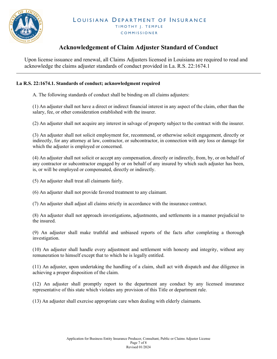 Application for Business Entity Insurance Producer, Consultant, Public or Claims Adjuster License - Louisiana, Page 7