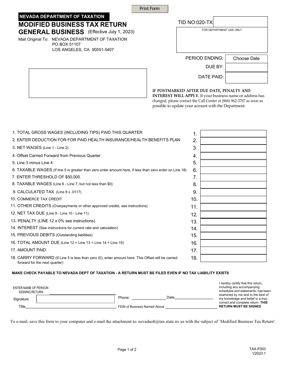 Form TAX-F003 Modified Business Tax Return - General Business - Nevada, Page 1