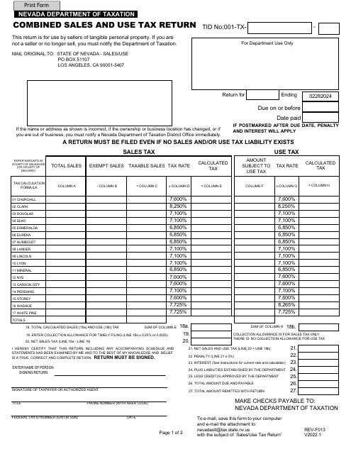 Form REV-F013 Combined Sales and Use Tax Return - Nevada