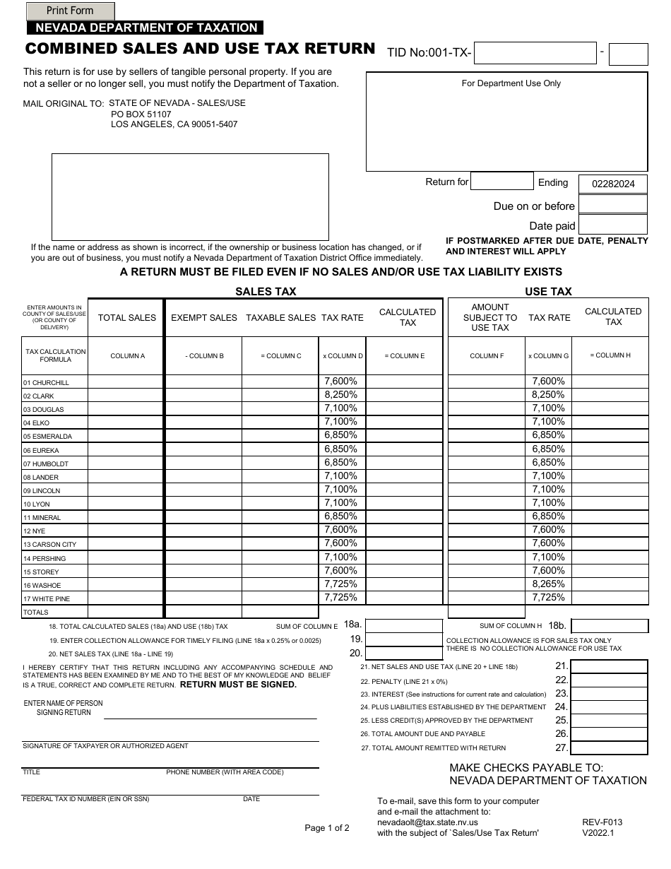 Form REV-F013 Combined Sales and Use Tax Return - Nevada, Page 1