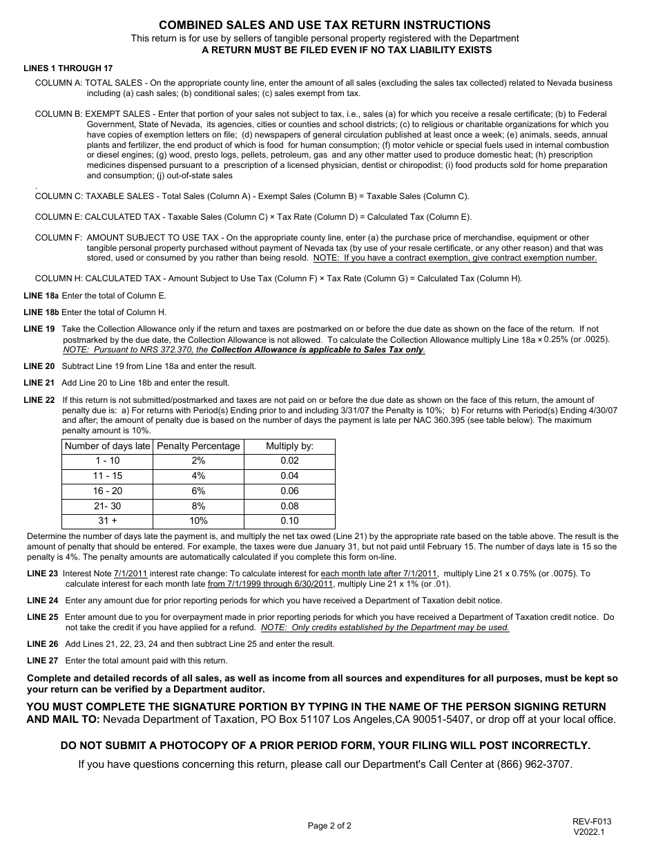 Form REV-F013 Combined Sales and Use Tax Return - Nevada, Page 2