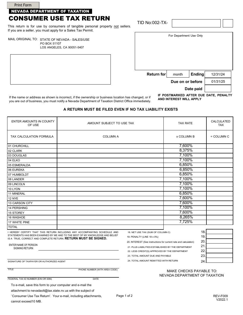 Form REV-F009 Consumer Use Tax Return - Nevada, Page 1