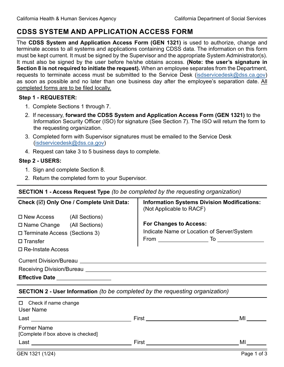 Form GEN1321 Cdss System and Application Access Form - California, Page 1
