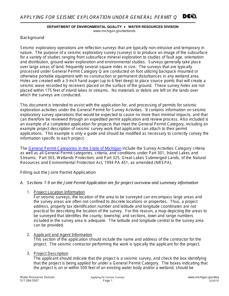 Applying for Seismic Exploration Under General Permit Q - Michigan, Page 1