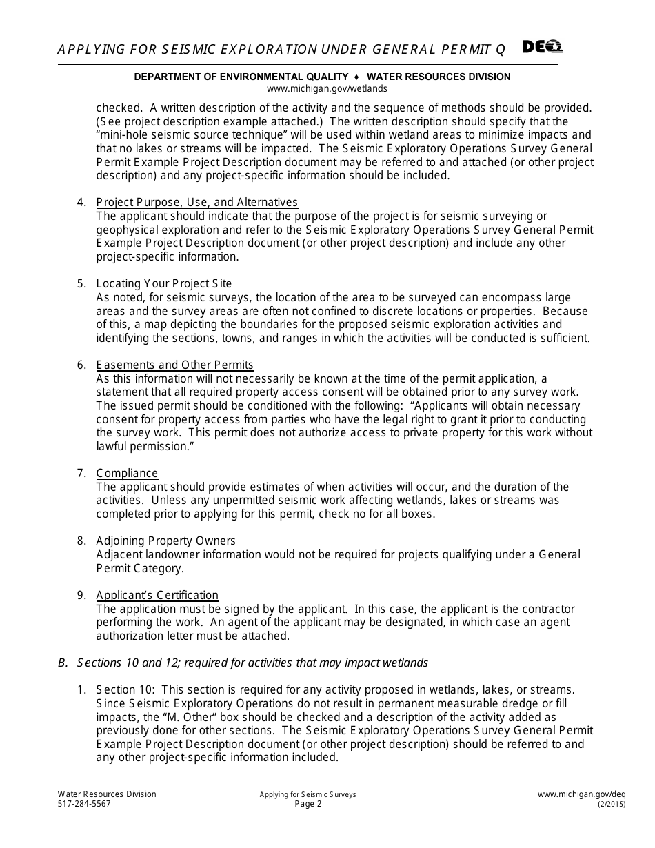 Applying for Seismic Exploration Under General Permit Q - Michigan, Page 2