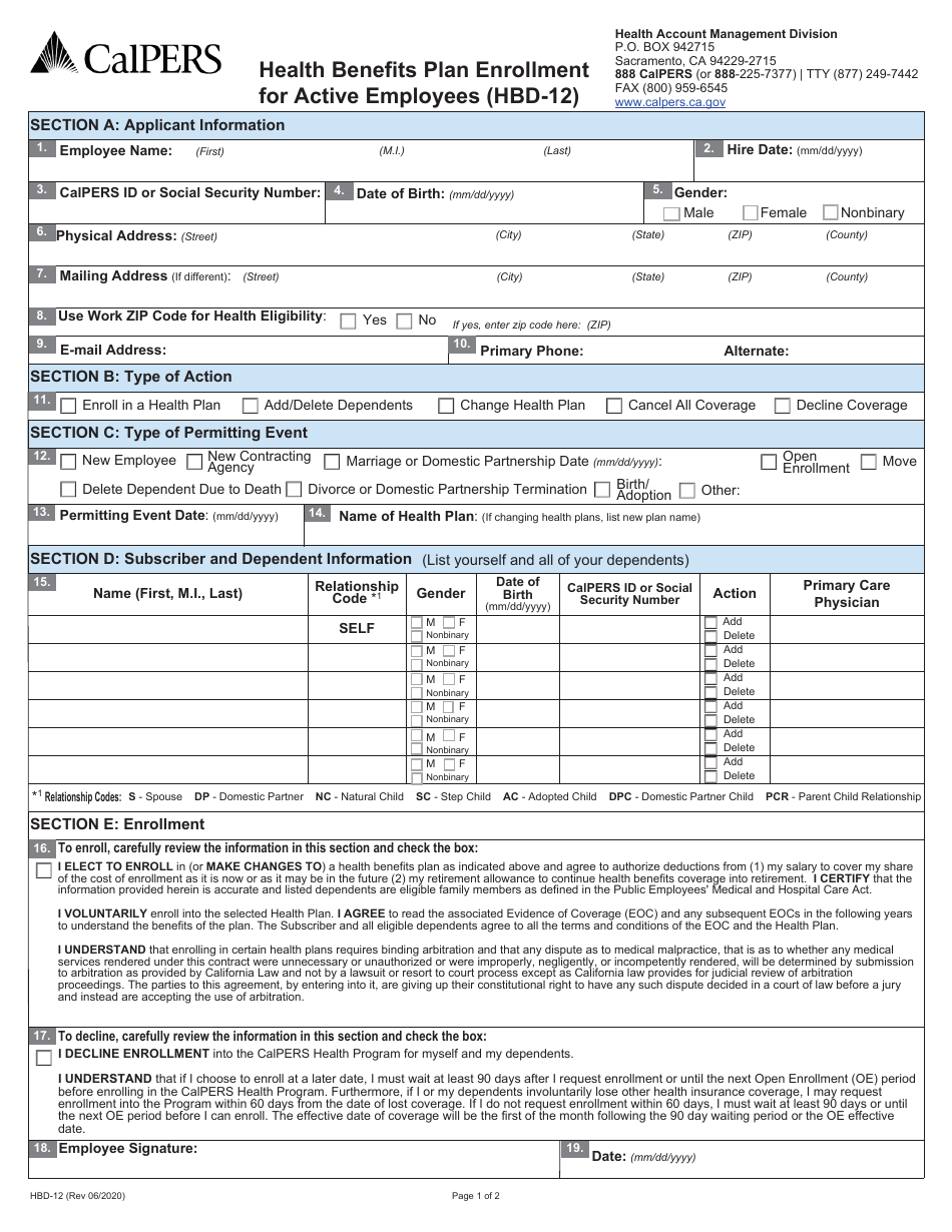 Form HBD-12 Health Benefits Plan Enrollment for Active Employees - California, Page 1