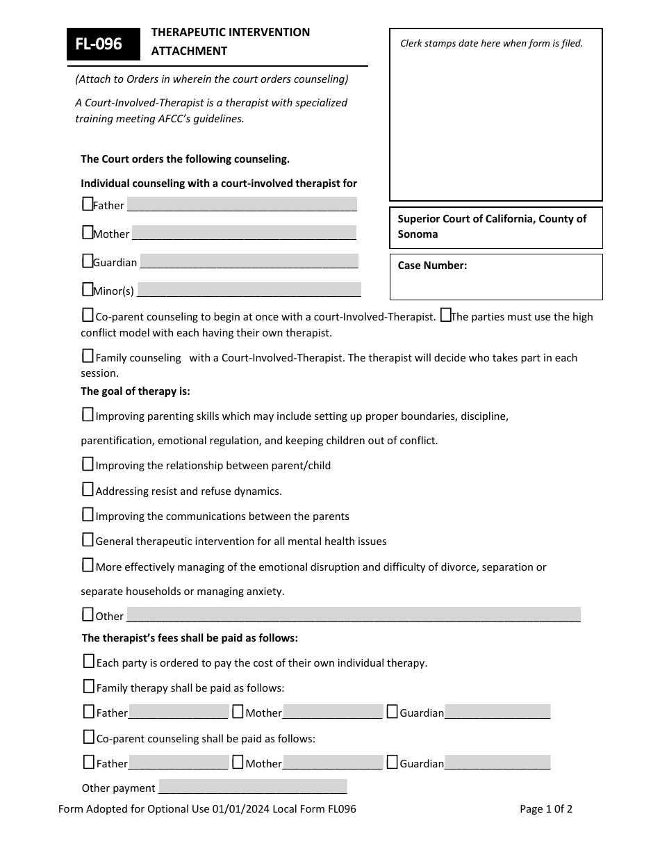 Form FL-096 Therapeutic Intervention Attachment - County of Sonoma, California, Page 1