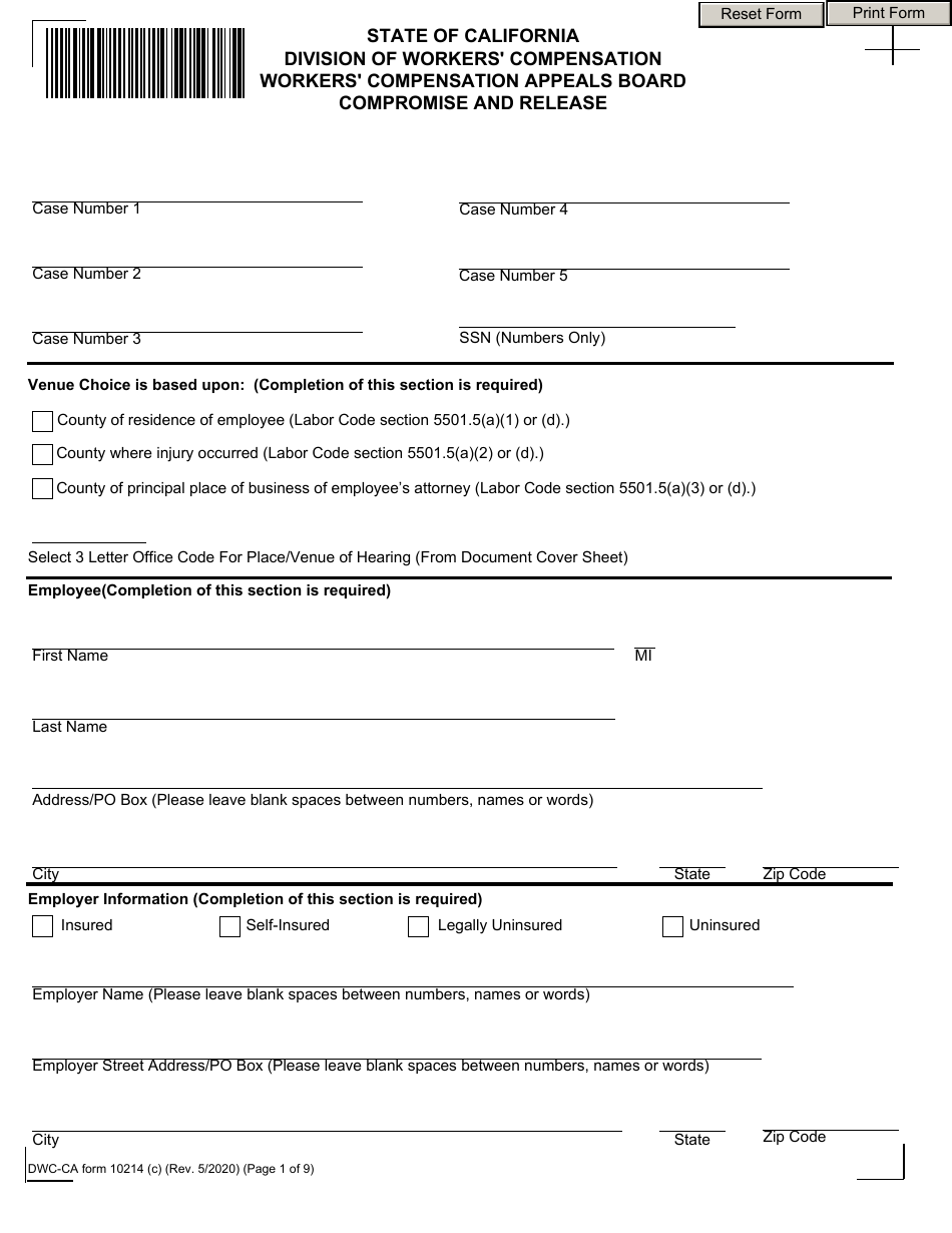 DWC-CA Form 10214(C) Compromise and Release - California, Page 1