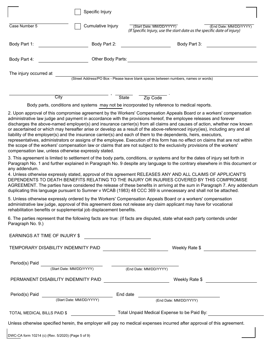 DWC-CA Form 10214(C) Compromise and Release - California, Page 5