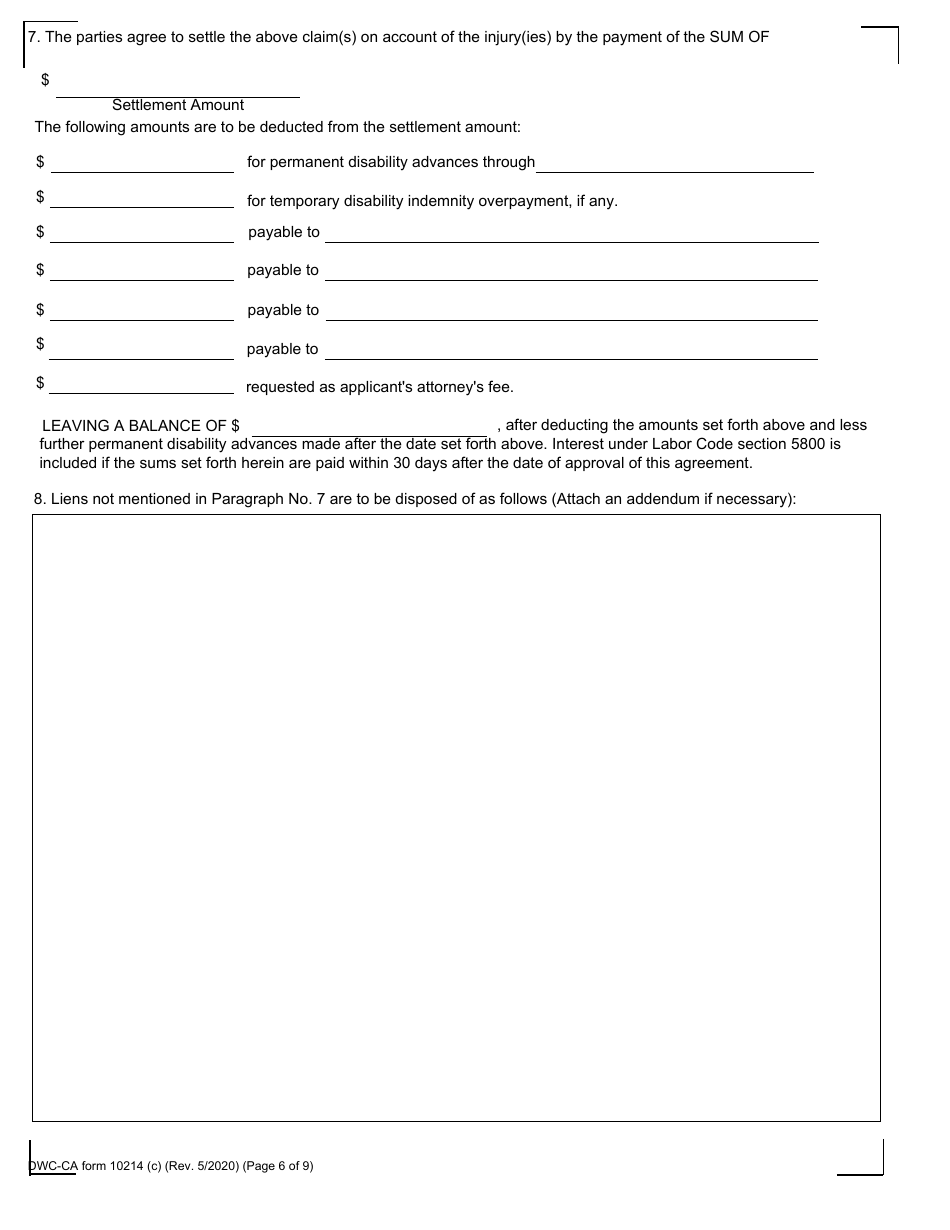 DWC-CA Form 10214(C) Compromise and Release - California, Page 6