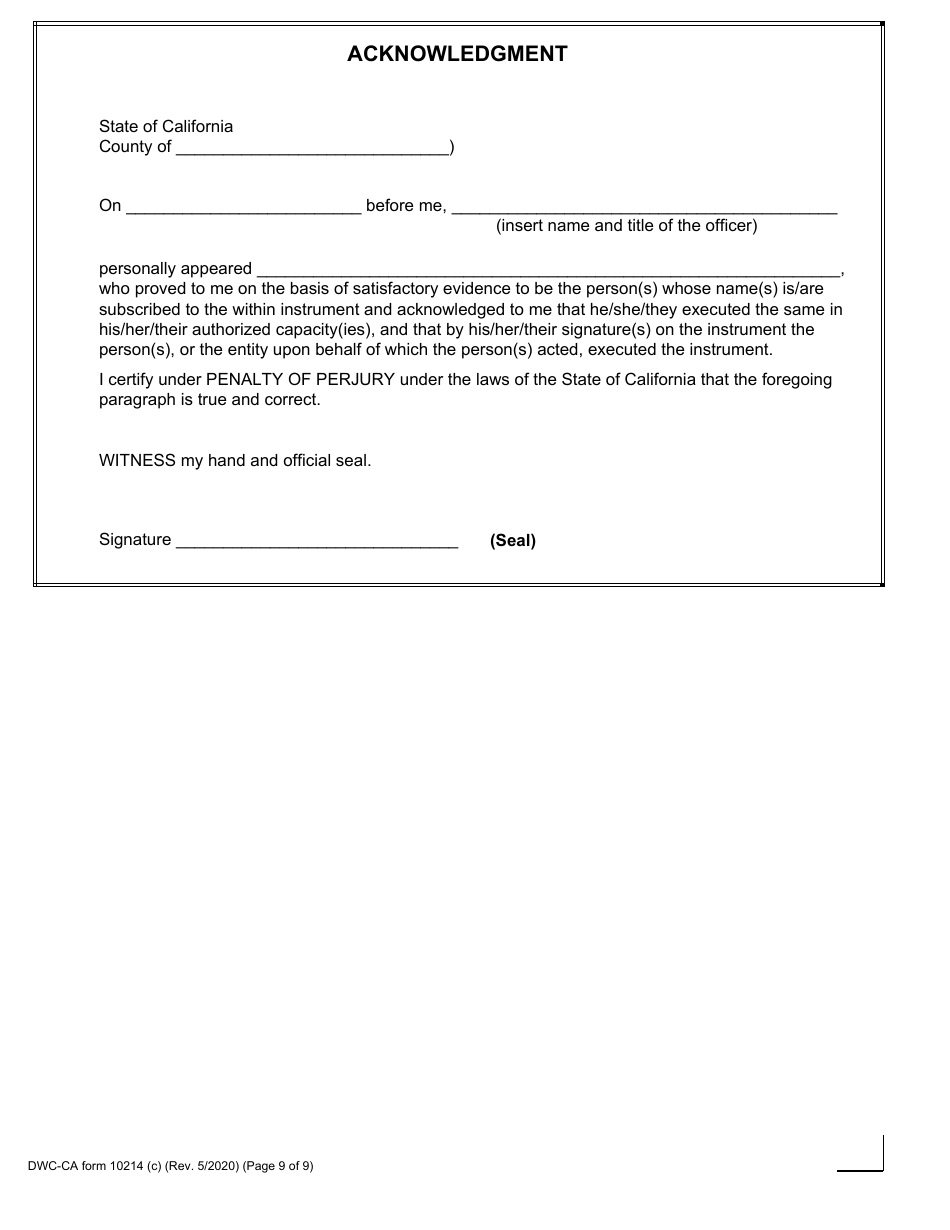 DWC-CA Form 10214(C) Compromise and Release - California, Page 9