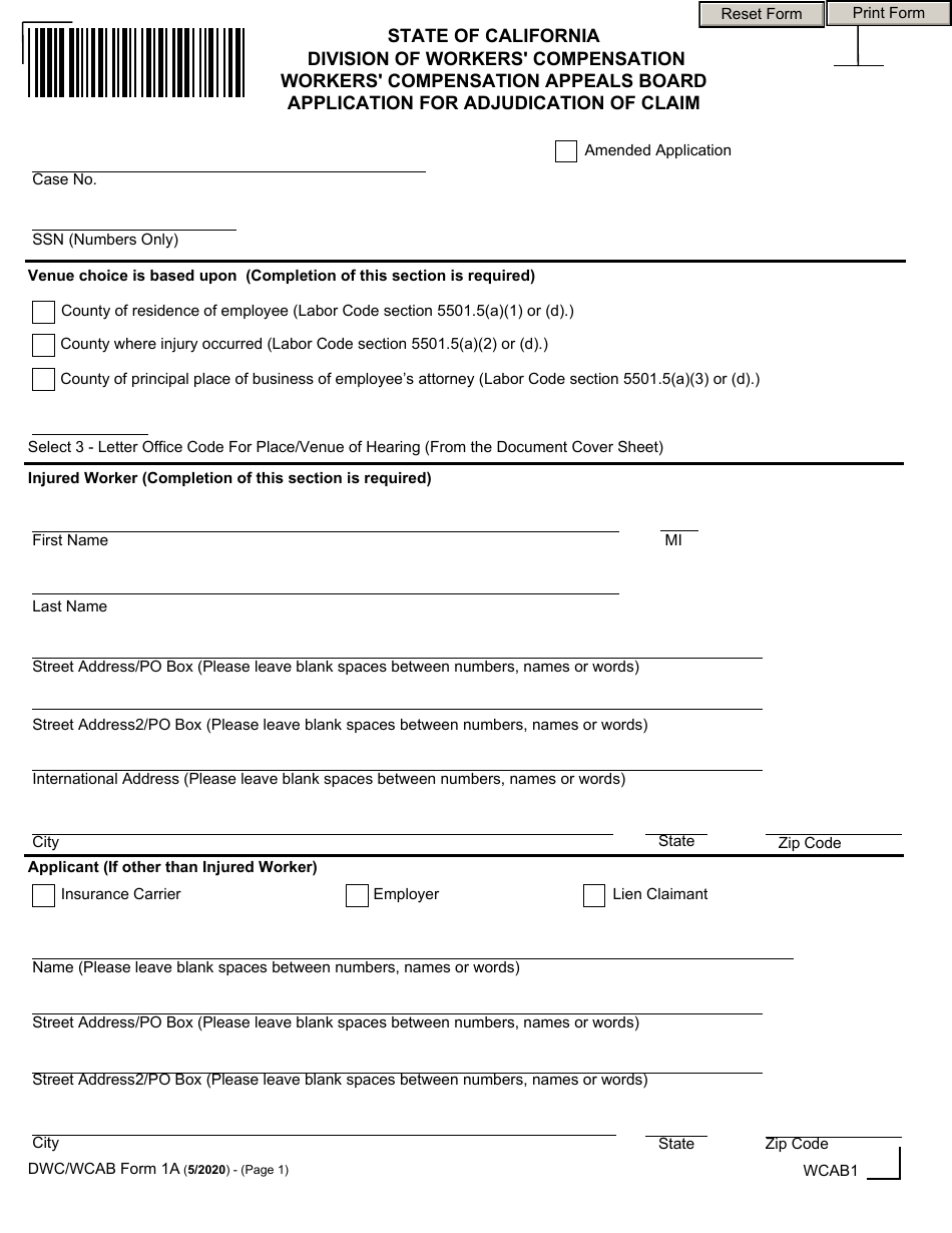 DWC / WCAB Form 1A Application for Adjudication of Claim - California, Page 1