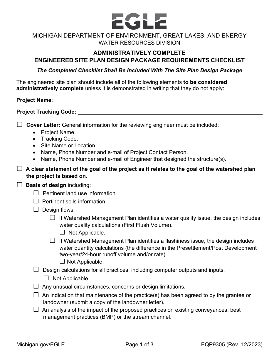 Form EQP9305 Administratively Complete Engineered Site Plan Design Package Requirements Checklist - Michigan, Page 1