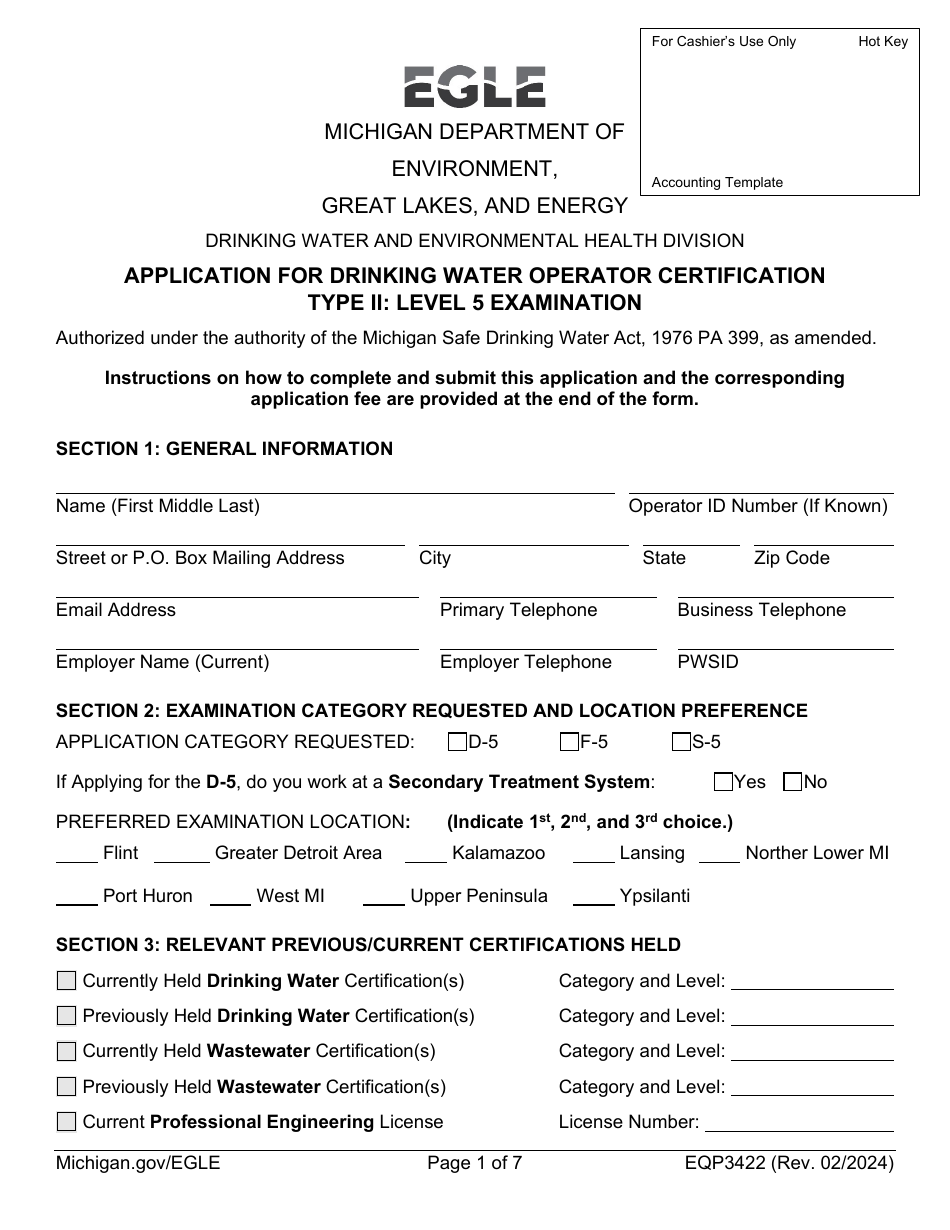 Form EQP3422 Application for Drinking Water Operator Certification Type II: Level 5 Examination - Michigan, Page 1