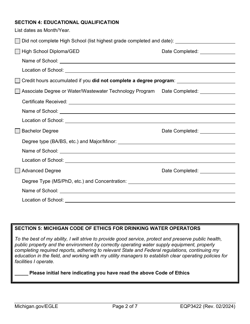 Form EQP3422 Application for Drinking Water Operator Certification Type II: Level 5 Examination - Michigan, Page 2