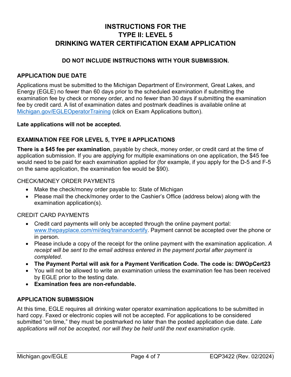 Form EQP3422 Application for Drinking Water Operator Certification Type II: Level 5 Examination - Michigan, Page 4