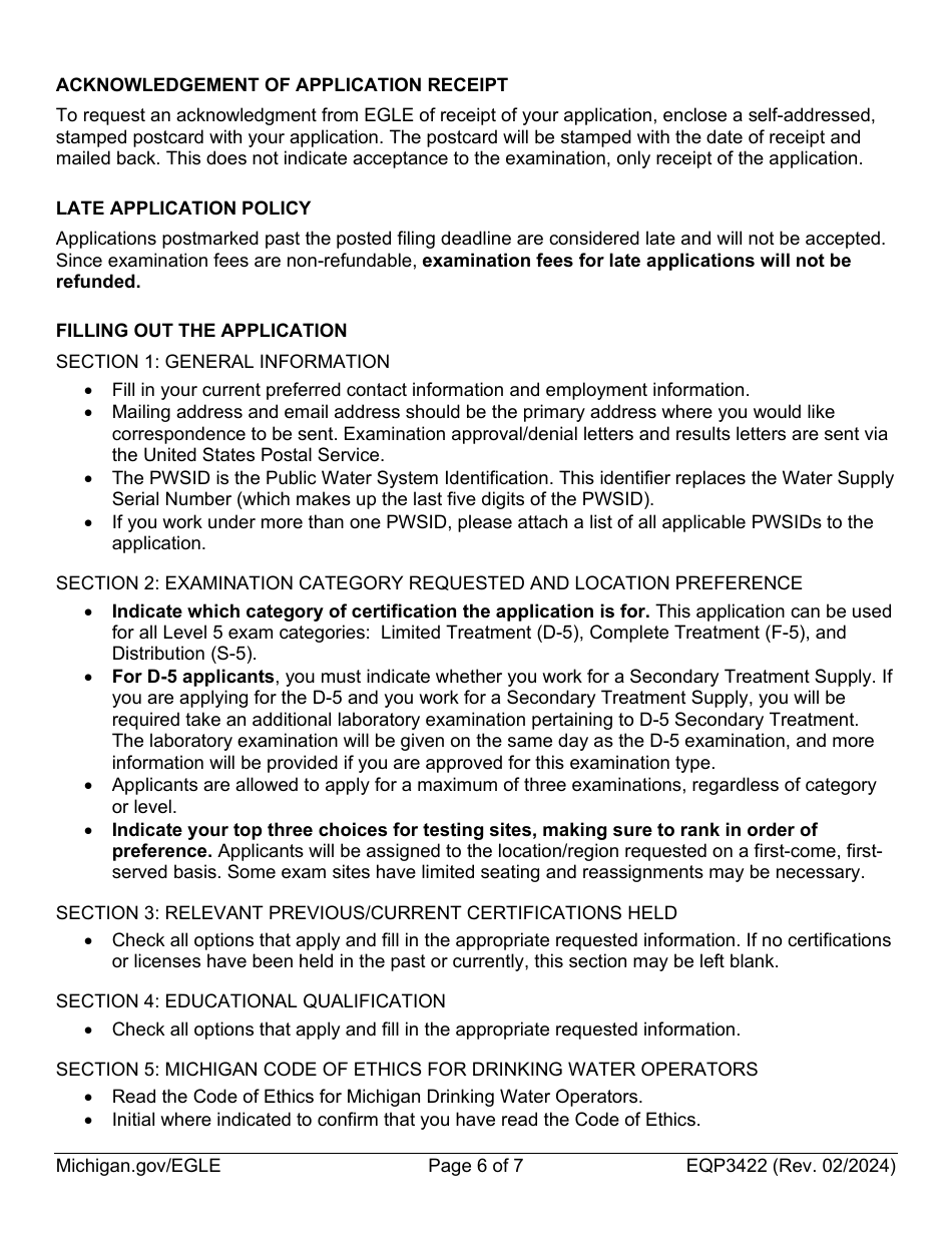 Form EQP3422 Application for Drinking Water Operator Certification Type II: Level 5 Examination - Michigan, Page 6
