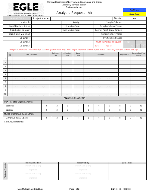 Form EQP4014-04 Analysis Request - Air - Michigan
