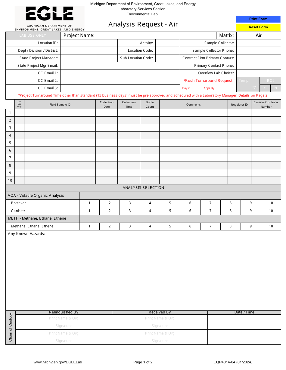 Form EQP4014-04 Analysis Request - Air - Michigan, Page 1