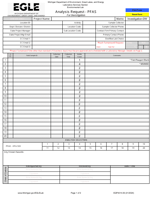 Form EQP4014-06 Analysis Request - Pfas - Michigan