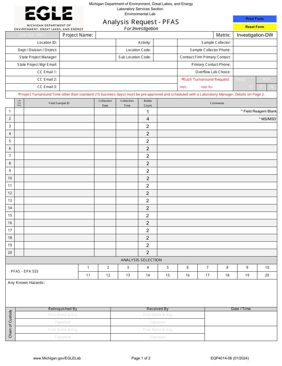 Form EQP4014-06 Analysis Request - Pfas - Michigan, Page 1