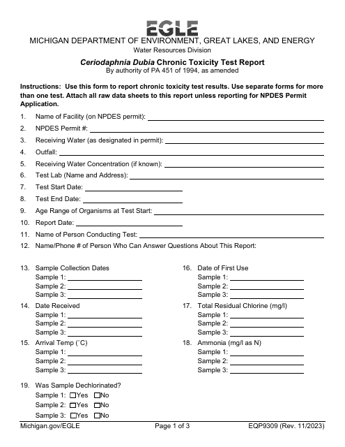 Form EQP9309 Ceriodaphnia Dubia Chronic Toxicity Test Report - Michigan