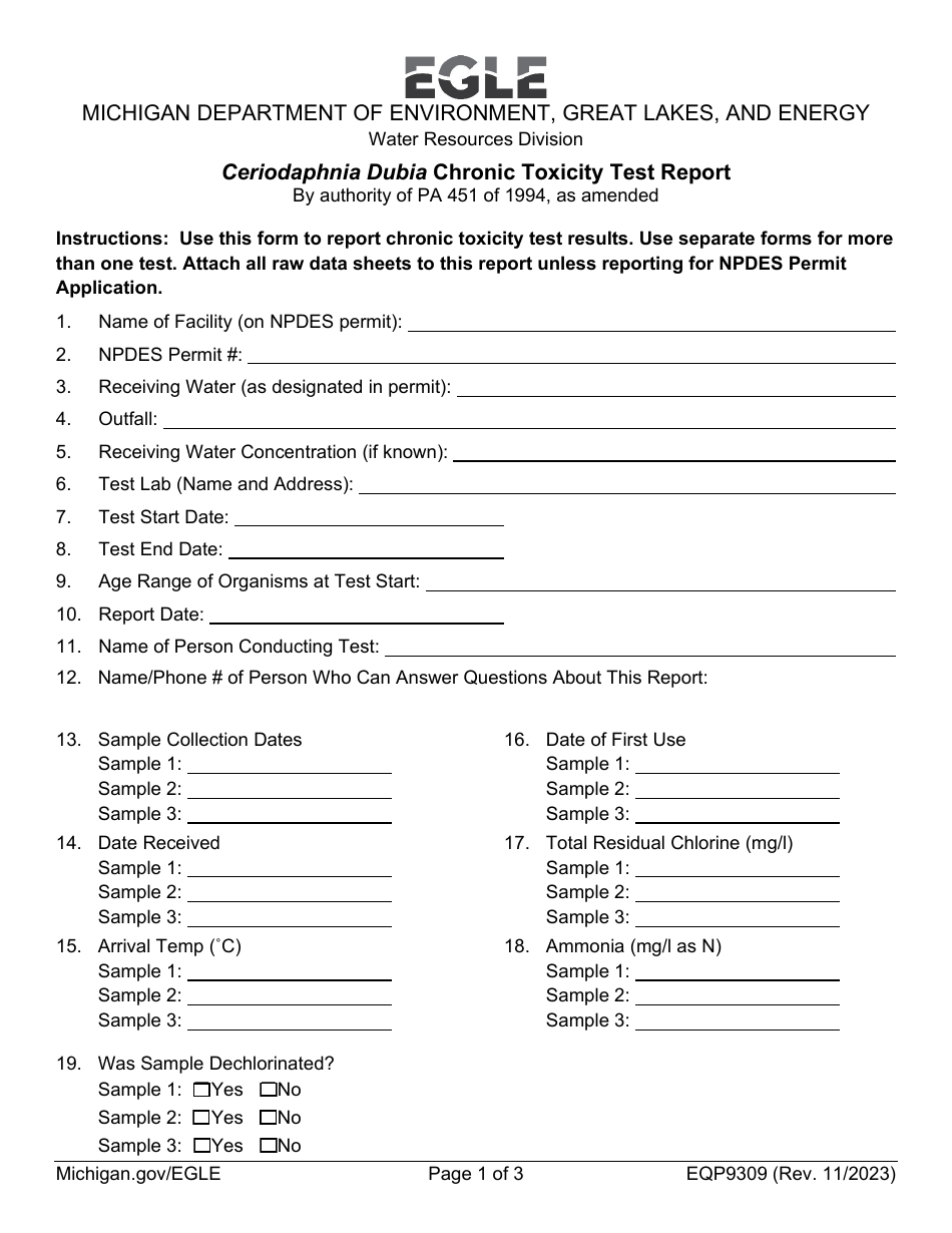 Form EQP9309 Ceriodaphnia Dubia Chronic Toxicity Test Report - Michigan, Page 1