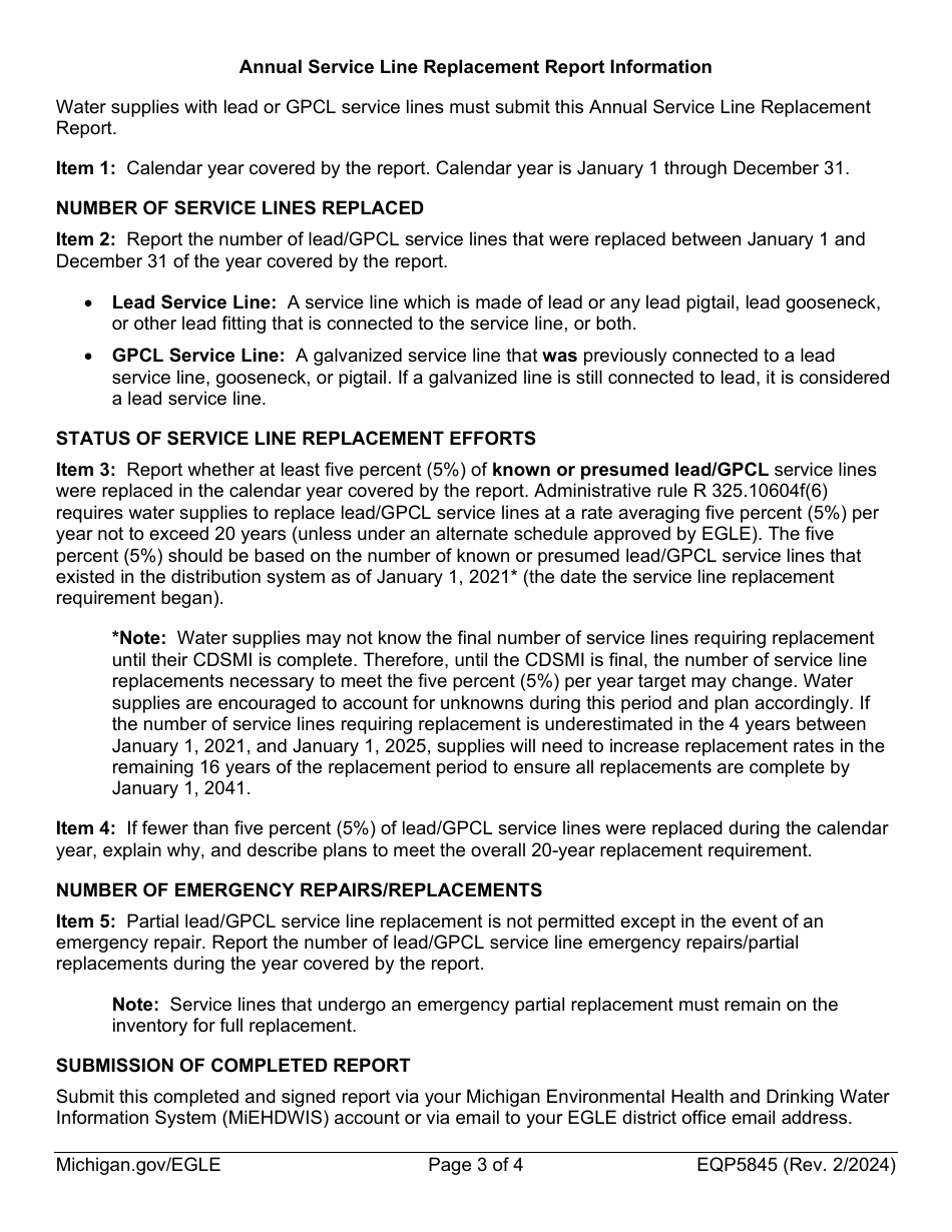 Form EQP5845 Annual Service Line Replacement Report - Michigan, Page 3