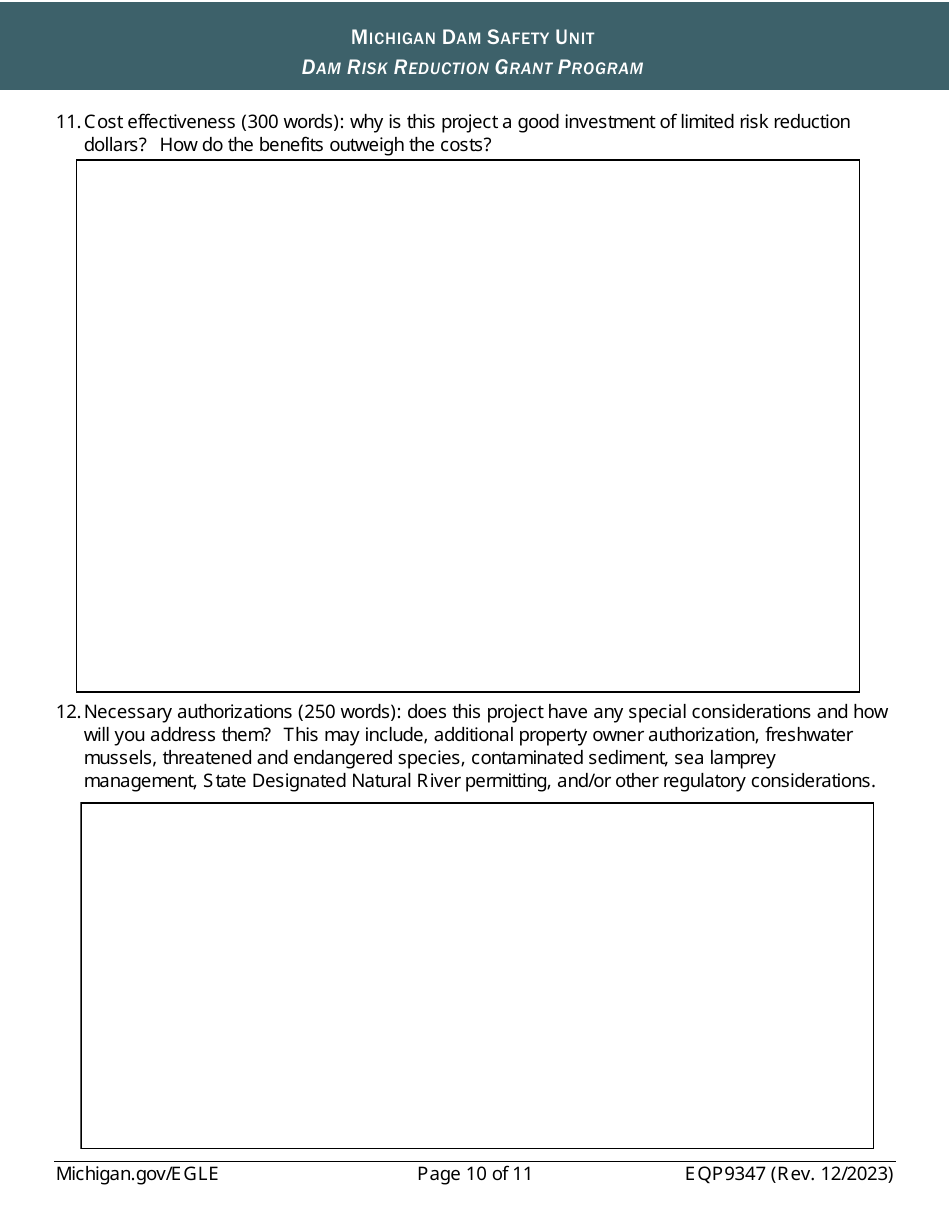 Form EQP9347 Application Form - Dam Risk Reduction Grant Program - Michigan, Page 10