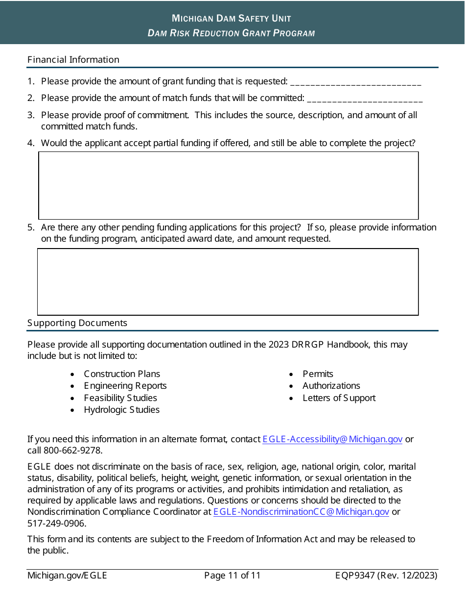 Form EQP9347 Application Form - Dam Risk Reduction Grant Program - Michigan, Page 11