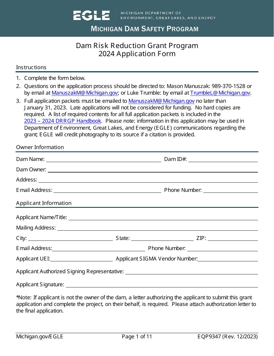Form EQP9347 Application Form - Dam Risk Reduction Grant Program - Michigan, Page 1