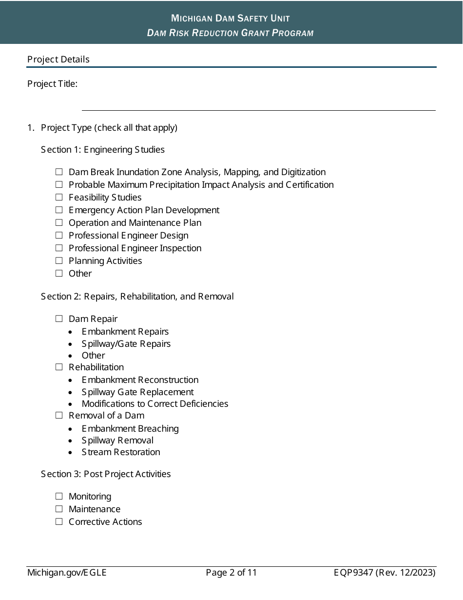 Form EQP9347 Application Form - Dam Risk Reduction Grant Program - Michigan, Page 2