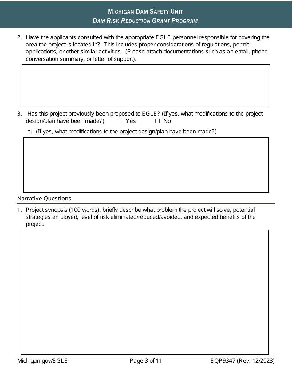 Form EQP9347 Application Form - Dam Risk Reduction Grant Program - Michigan, Page 3