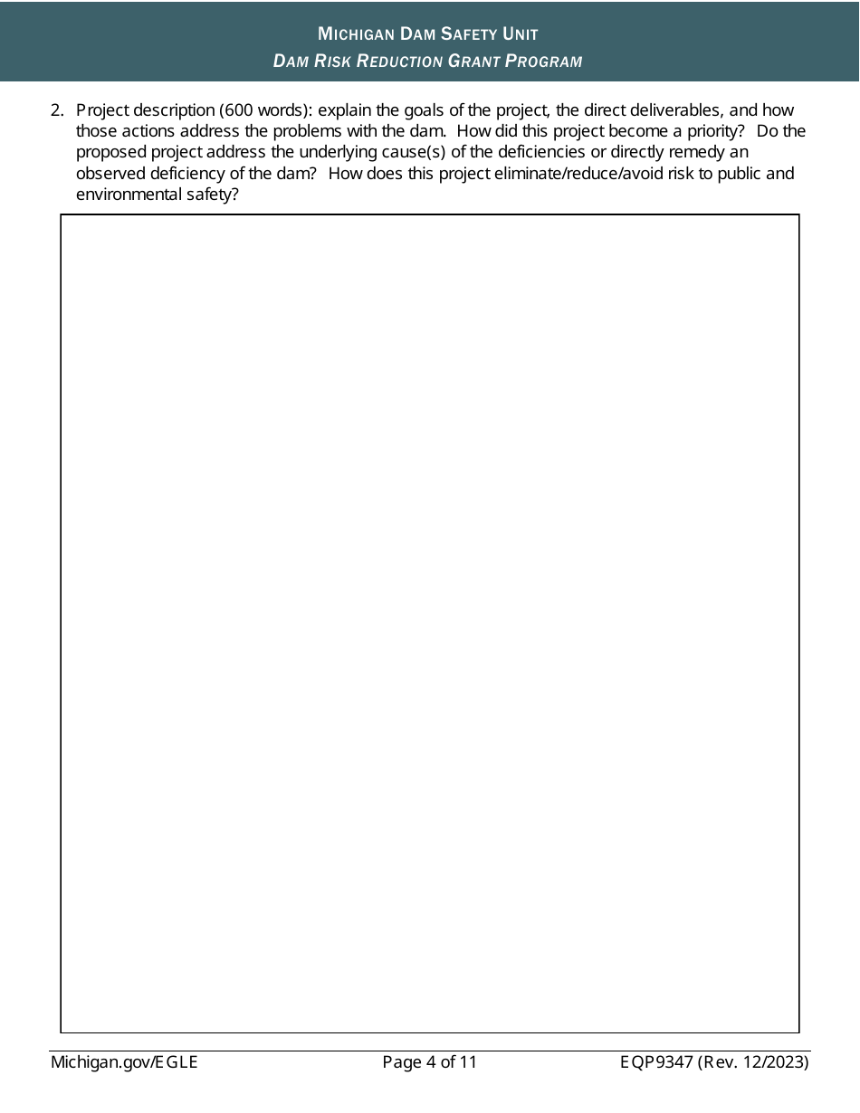 Form EQP9347 Application Form - Dam Risk Reduction Grant Program - Michigan, Page 4