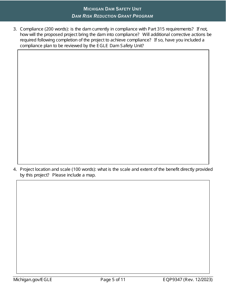 Form EQP9347 Application Form - Dam Risk Reduction Grant Program - Michigan, Page 5