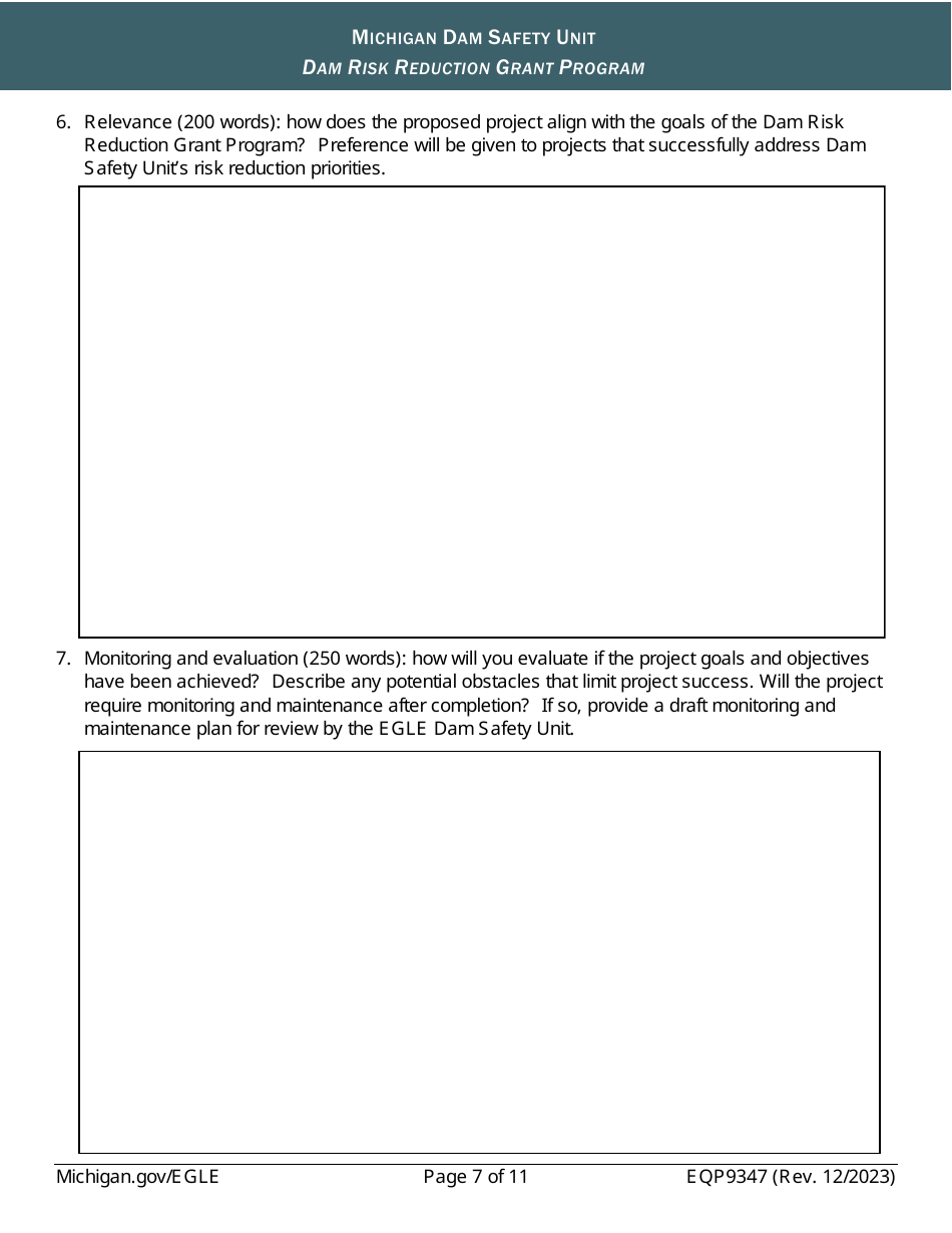 Form EQP9347 Application Form - Dam Risk Reduction Grant Program - Michigan, Page 7