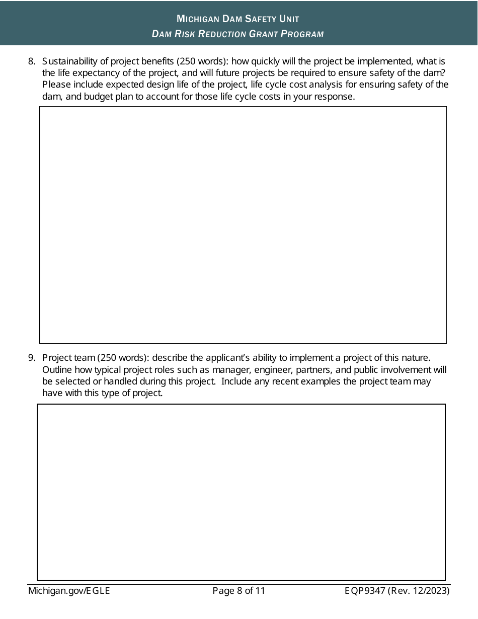 Form EQP9347 Application Form - Dam Risk Reduction Grant Program - Michigan, Page 8