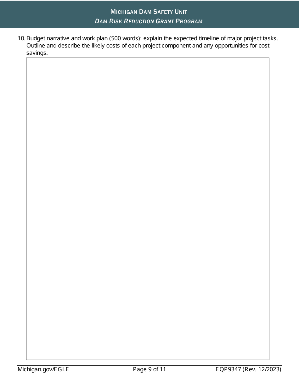 Form EQP9347 Application Form - Dam Risk Reduction Grant Program - Michigan, Page 9