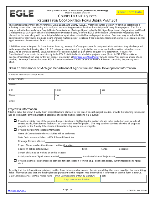 Form EQP9208 County Drain Projects Request for Coordination Form Under Part 301 - Michigan