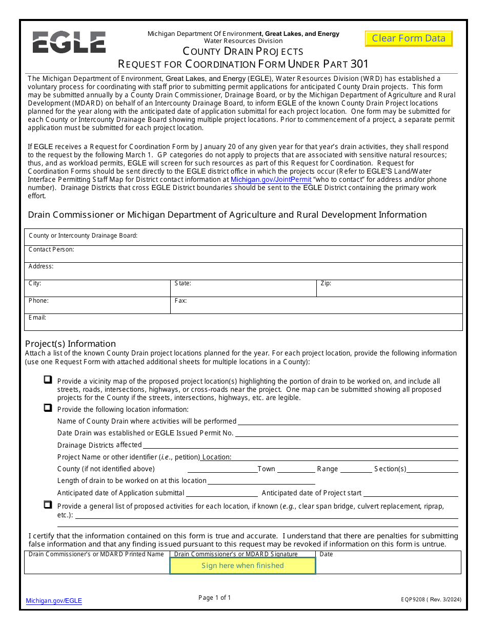 Form EQP9208 County Drain Projects Request for Coordination Form Under Part 301 - Michigan, Page 1