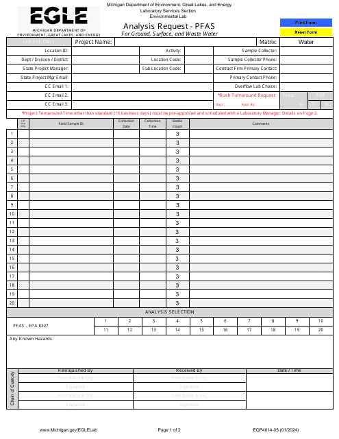 Form EQP4014-05 Analysis Request - Pfas for Ground, Surface, and Waste Water - Michigan